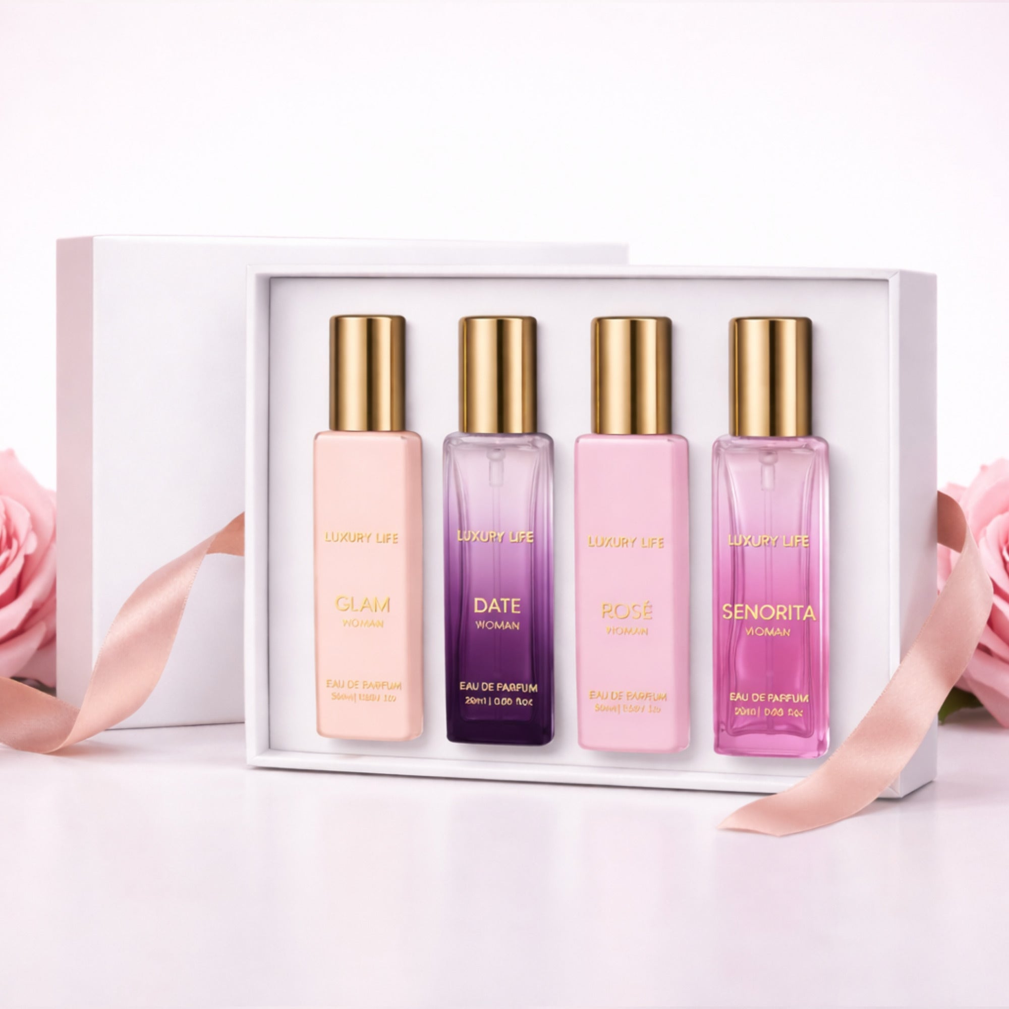 Coffret Parfum Femme 4x20ml – Idée Cadeau Élégante – Mini Parfums Format Voyage – Set Floral & Fruité