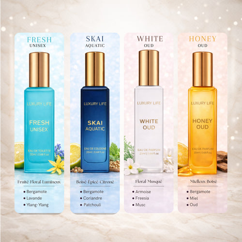 Coffret Parfum Unisexe 4x20ml – Mini Parfums Format Voyage – Idée Cadeau Mixte Élégante