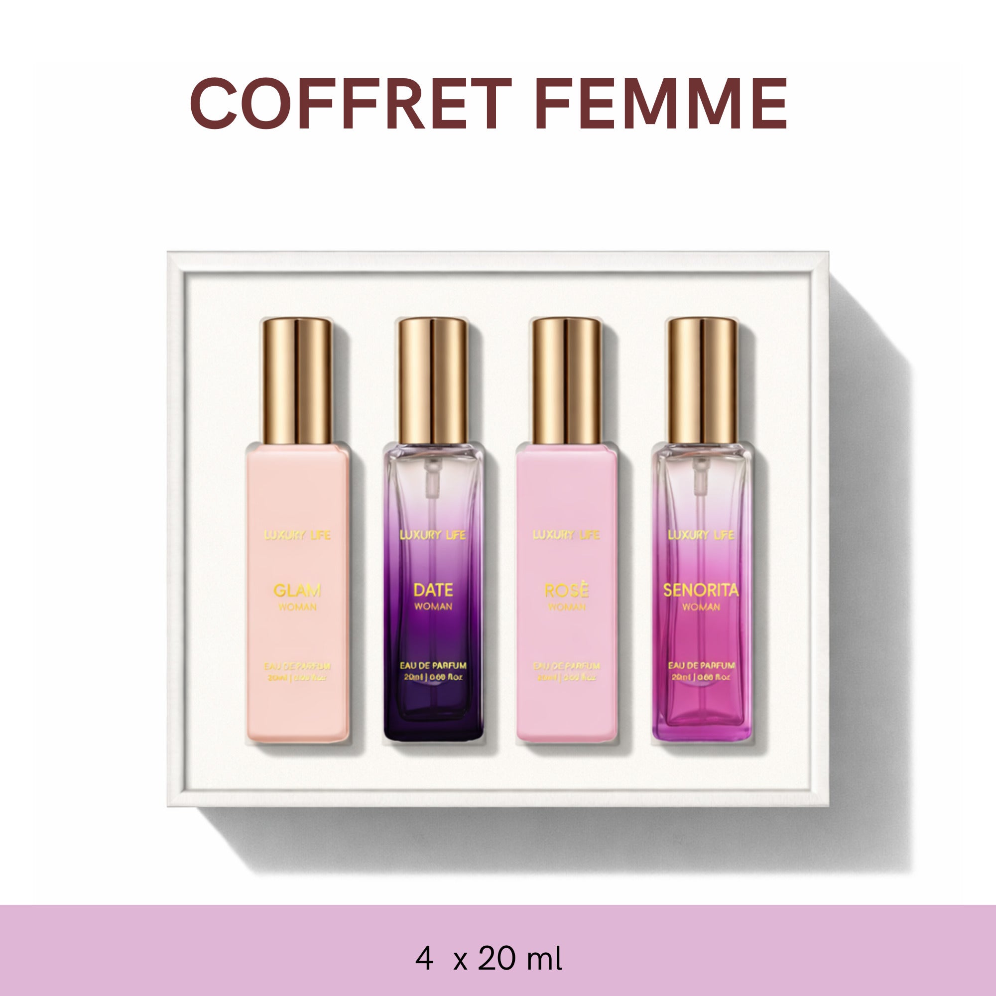 Coffret Parfum Femme 4x20ml – Idée Cadeau Élégante – Mini Parfums Format Voyage – Set Floral & Fruité