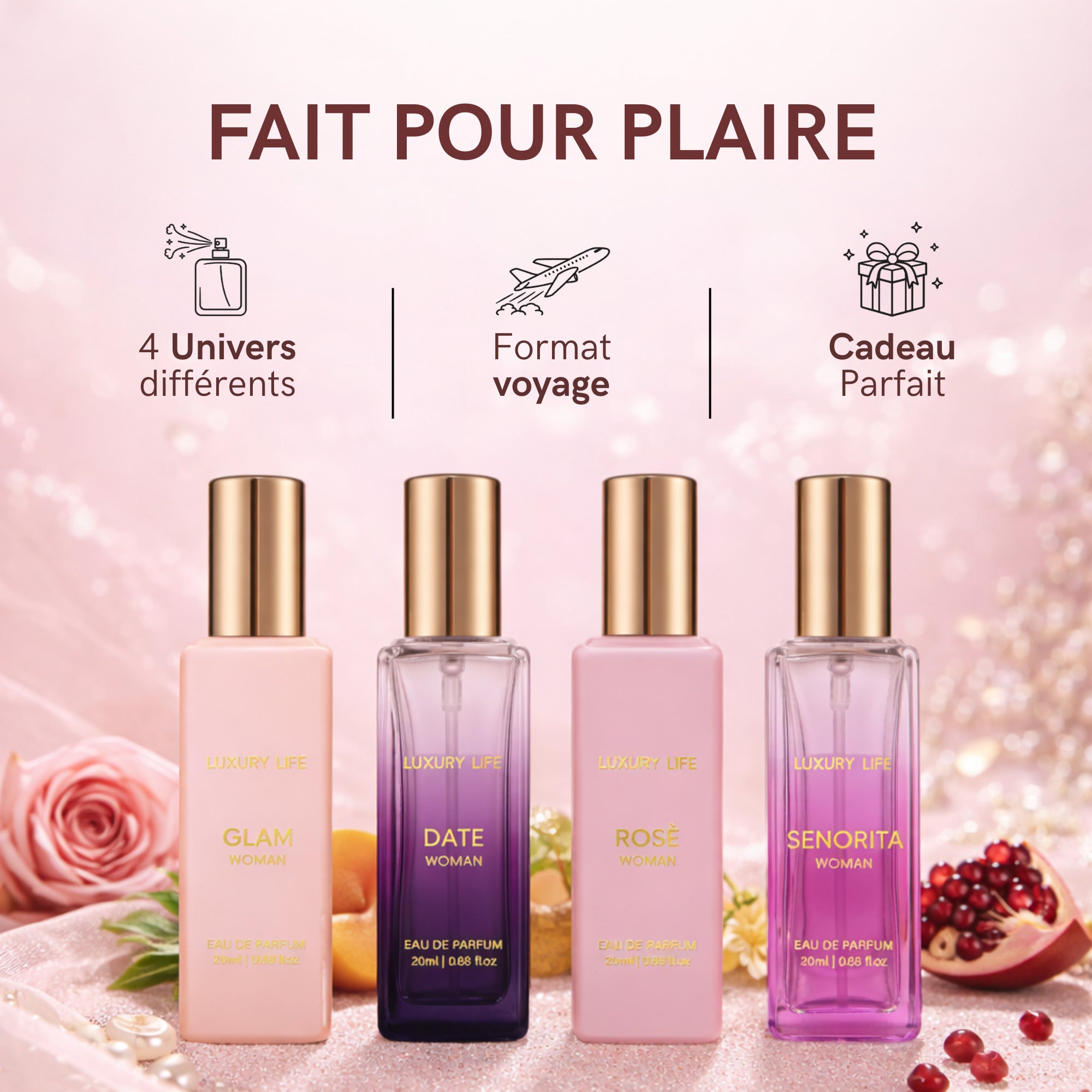 Coffret Parfum Femme 4x20ml – Idée Cadeau Élégante – Mini Parfums Format Voyage – Set Floral & Fruité